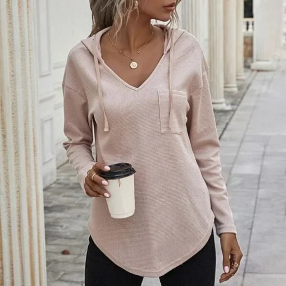 Comfy Curved Hem  Drop Shoulder Drawstring Hoodie Top light apricot blush - Picture 2 of 8